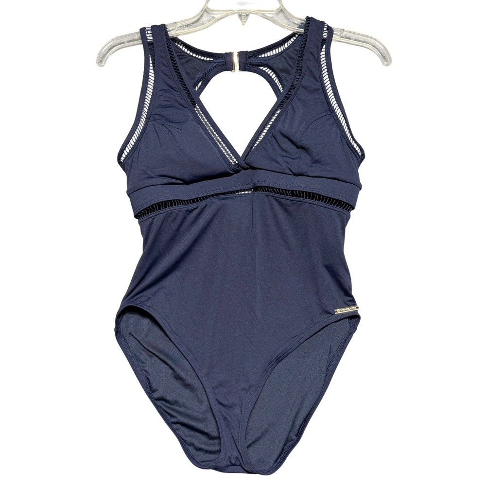 Michael Kors Navy Blue Ladder Trim One Piece Swimsuit Keyhole Back Womens 12